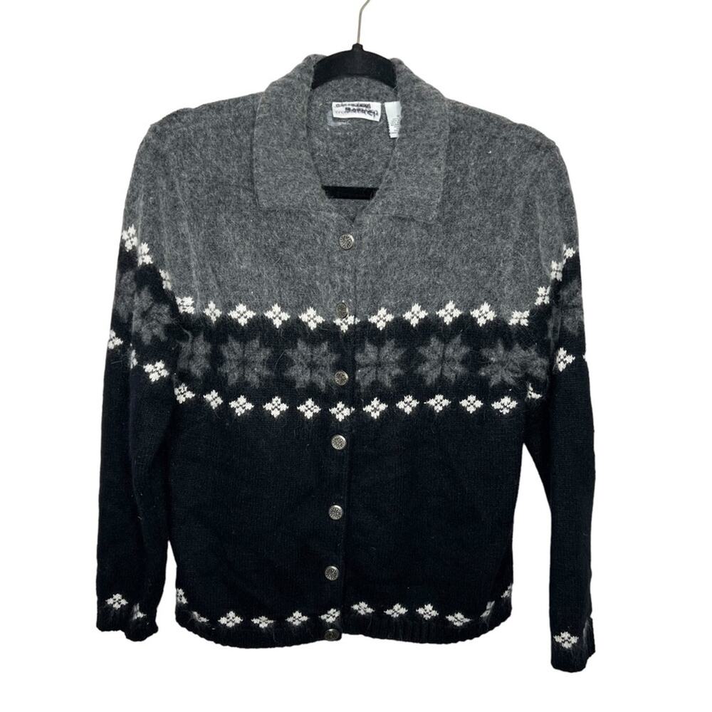 CROFT & BARROW / gray black fair isle silk rabbit hair blend button cardigan / S